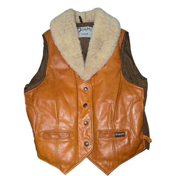 Down by Schott Leather Vest Shearling Collar Size 14 Made USA VTG - Picture 1 of 13